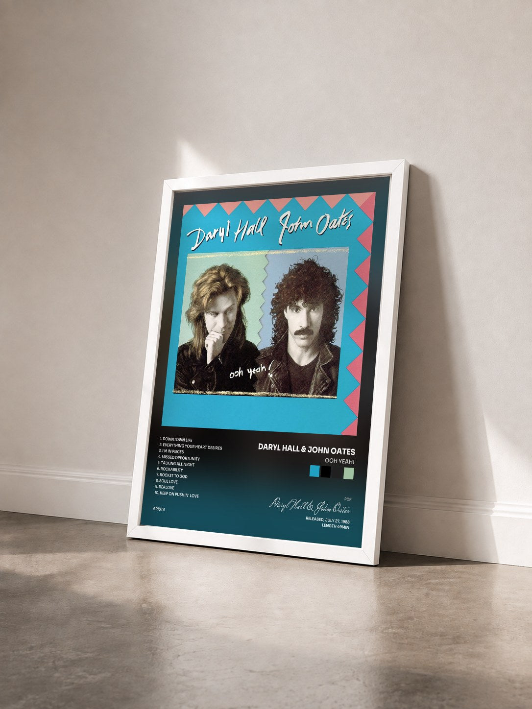 #blanc Tableau de l'album Ooh Yeah! de Daryl Hall & John Oates vu de trois quarts, cadre blanc