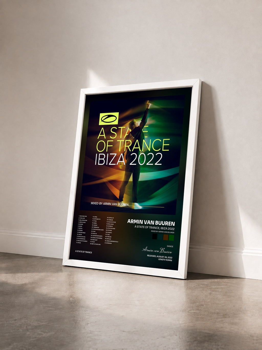 #blanc A State Of Trance, Ibiza 2022 (Mixed by Armin van Buuren) by Armin van Buuren as a framed art print seen at an angle, white frame