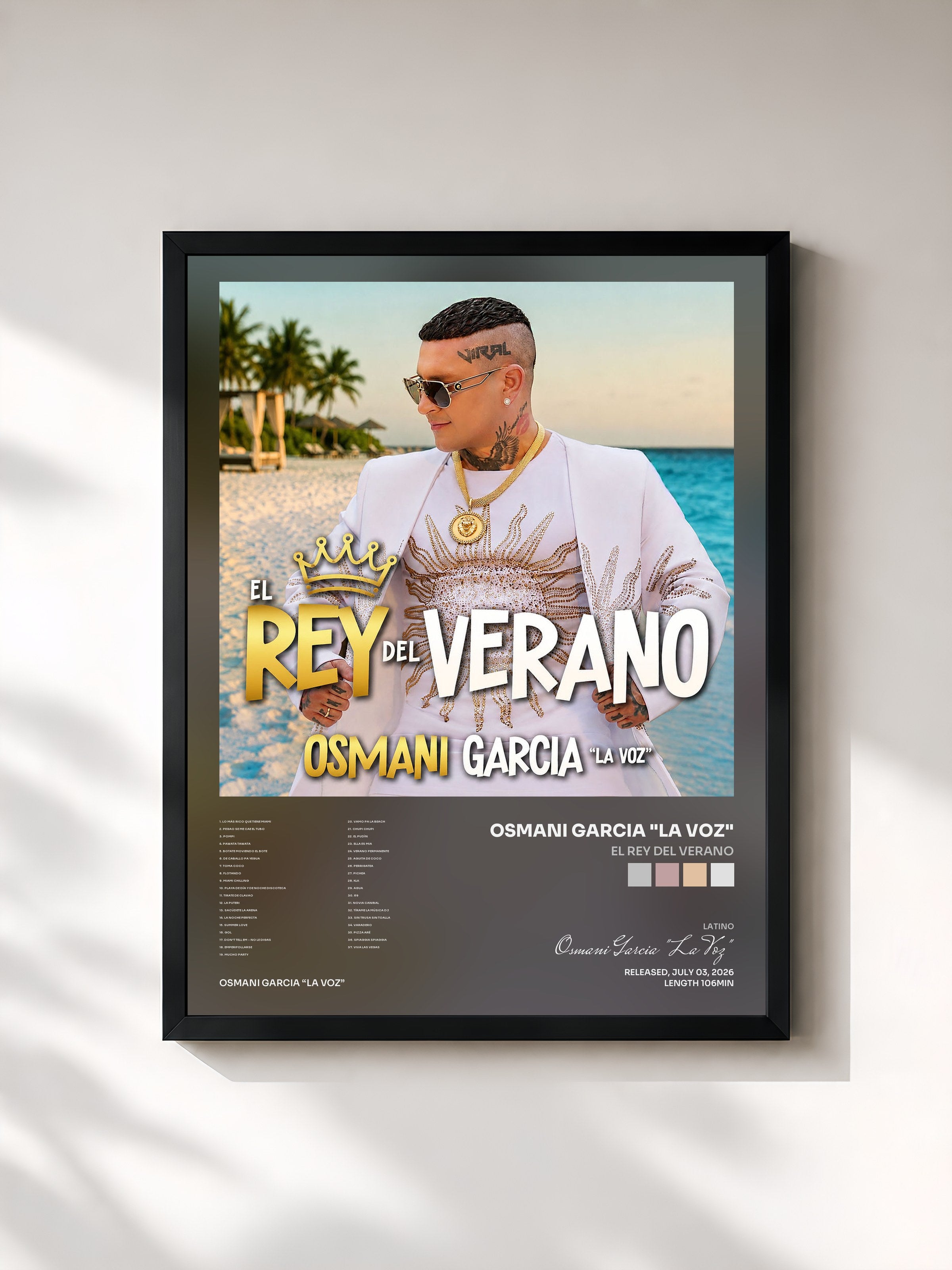 #noir Tableau de l'album El Rey del Verano de Osmani Garcia "La Voz", cadre noir, imprimé et encadré en France