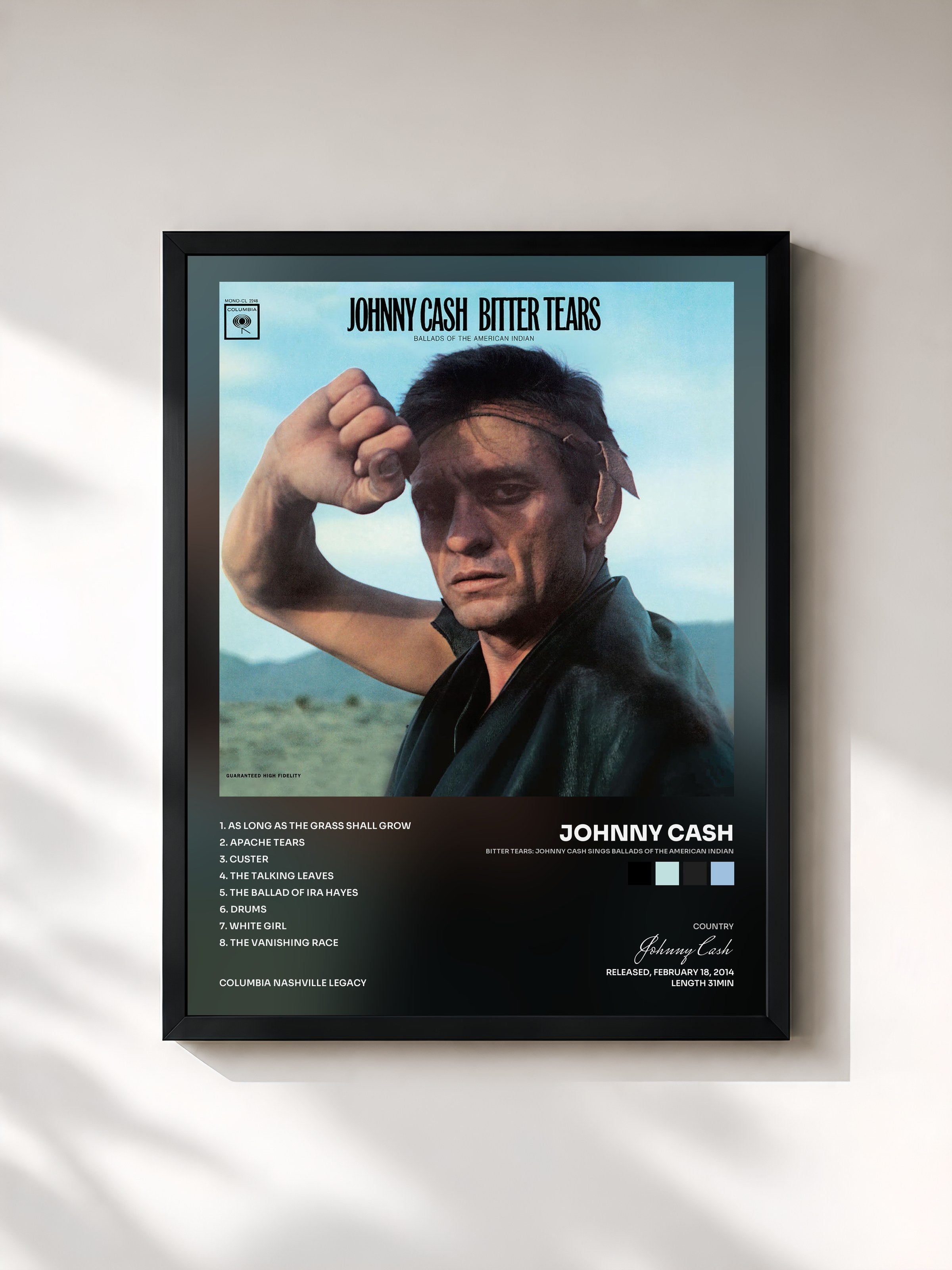 #noir Tableau de l'album Bitter Tears: Johnny Cash Sings Ballads Of The American Indian de Johnny Cash, cadre noir, imprimé et encadré en France