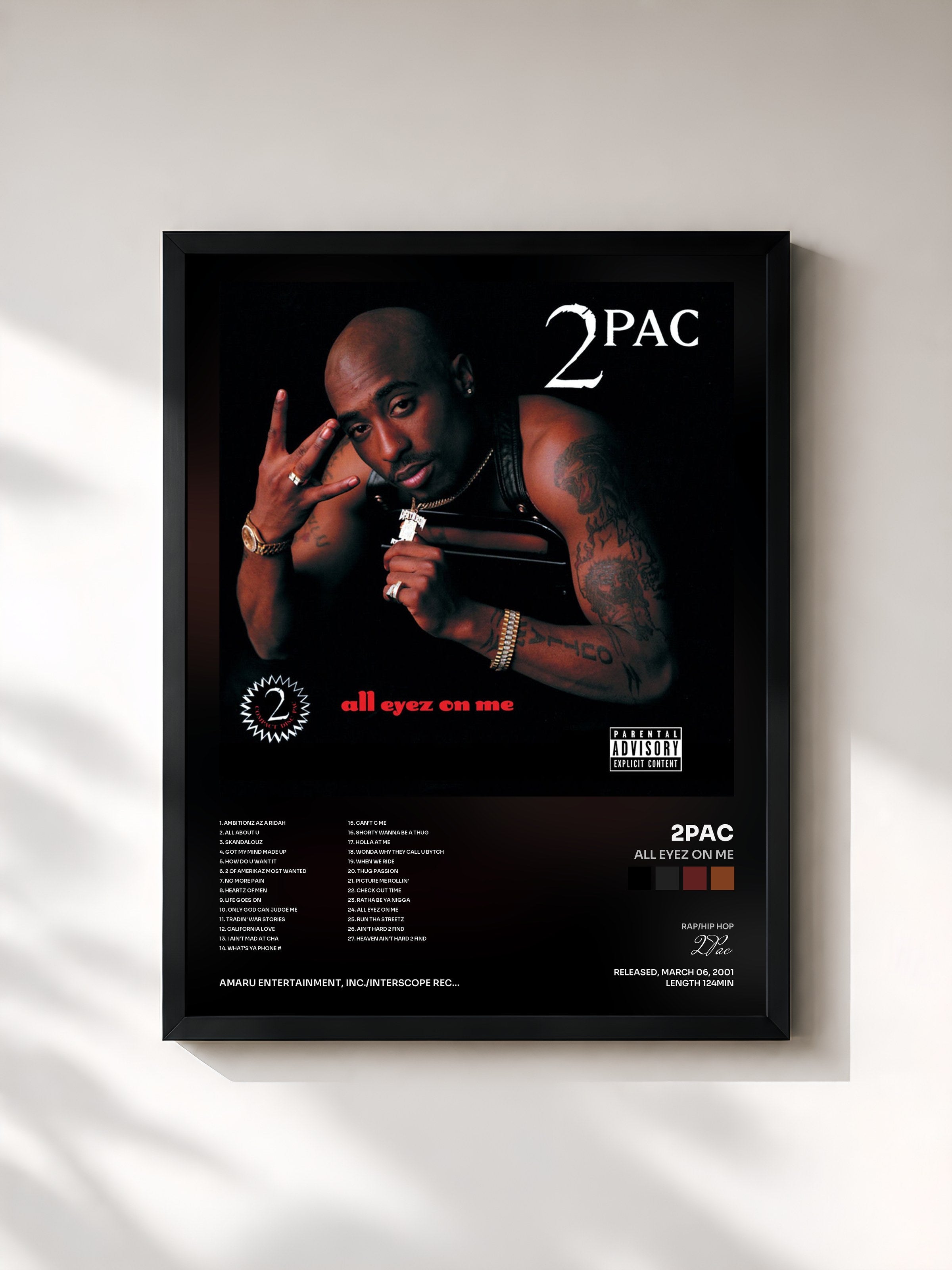 #noir Tableau de l'album All Eyez On Me de 2Pac, cadre noir, imprimé et encadré en France