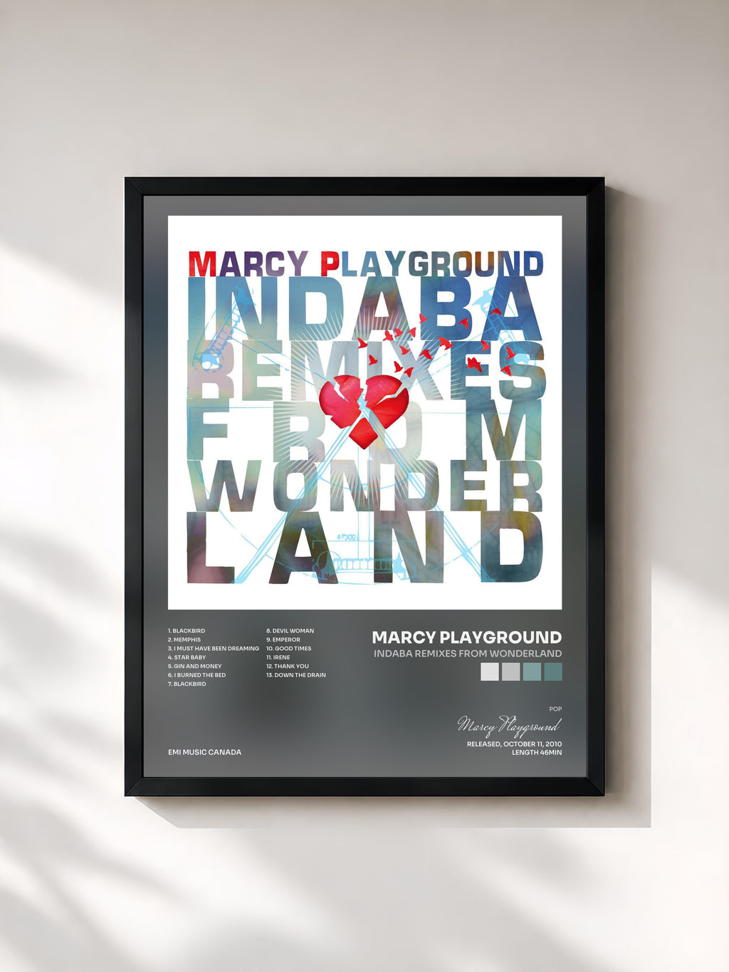 #noir Tableau de l'album Indaba Remixes From Wonderland de Marcy Playground, cadre noir, imprimé et encadré en France