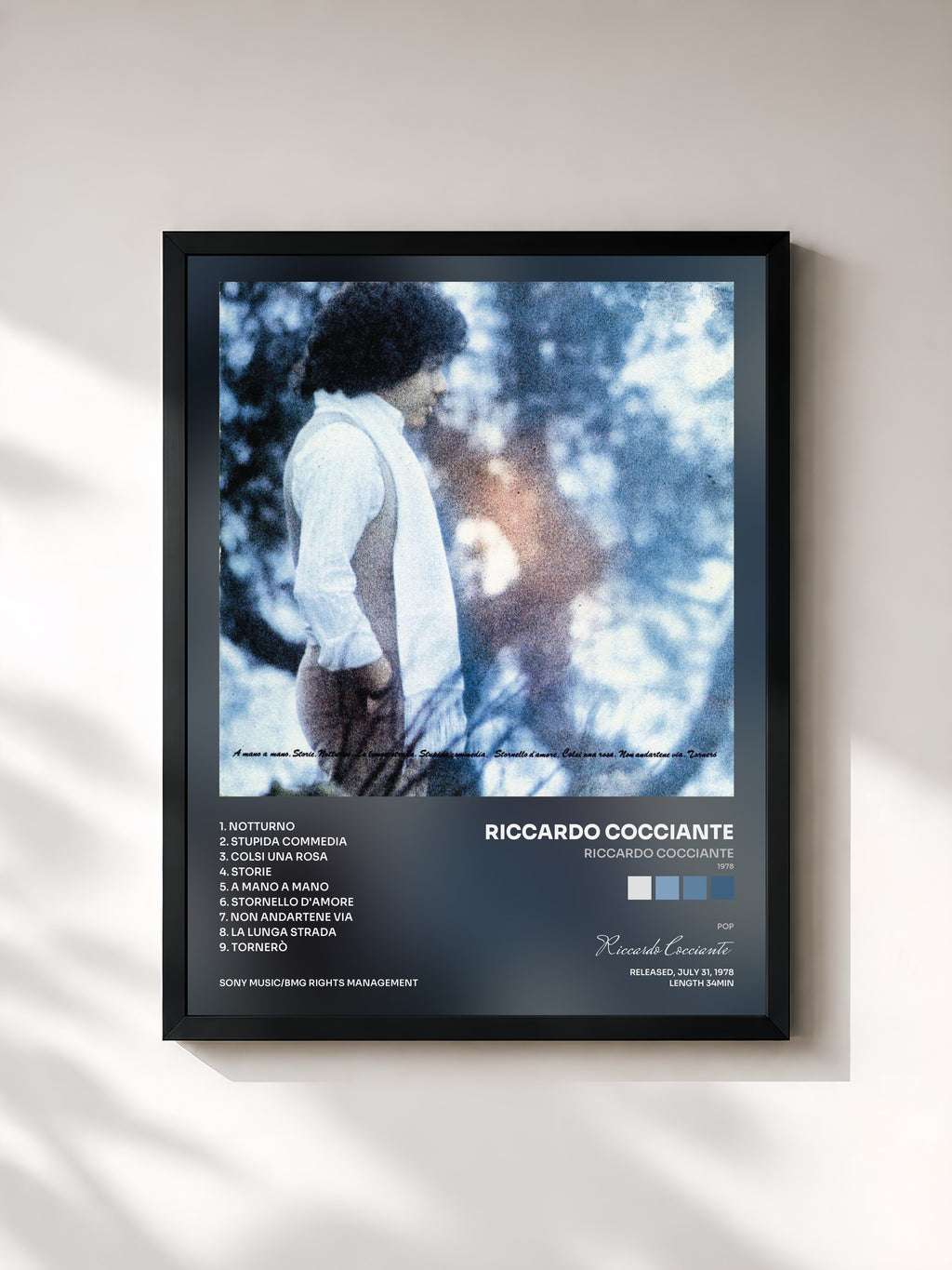 #noir Tableau de l'album Riccardo Cocciante (1978) de Riccardo Cocciante, cadre noir, imprimé et encadré en France