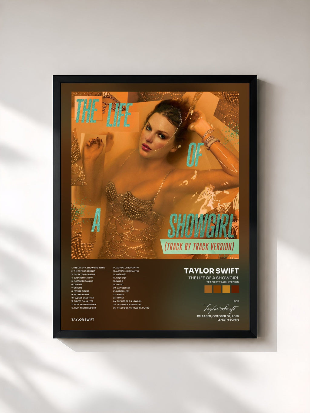 #noir The Life of a Showgirl (Track by Track Version) de Taylor Swift en lámina enmarcada, marco negro, impresa y enmarcada en Francia