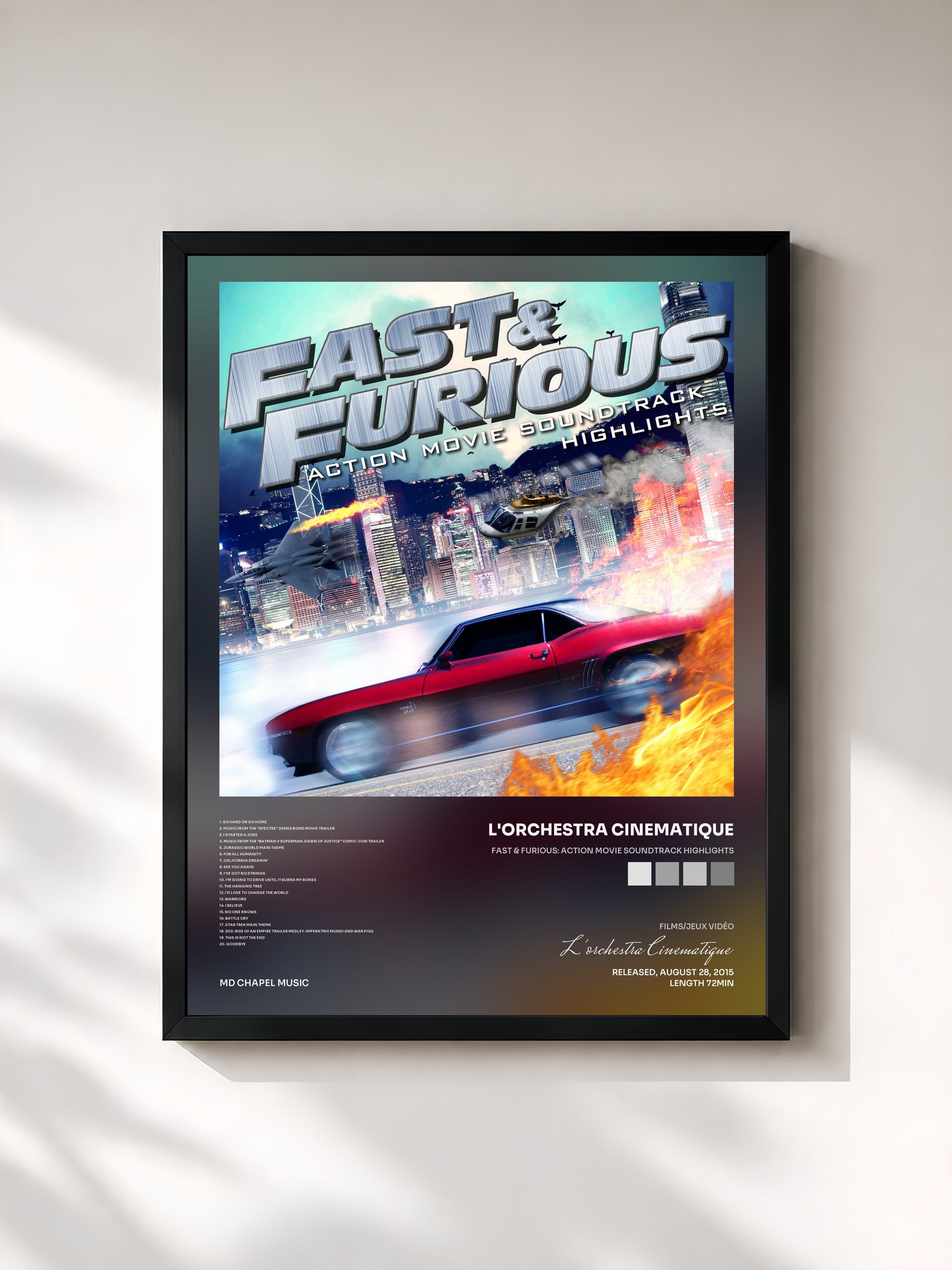 #noir Tableau de l'album Fast & Furious: Action Movie Soundtrack Highlights de L'orchestra Cinematique, cadre noir, imprimé et encadré en France