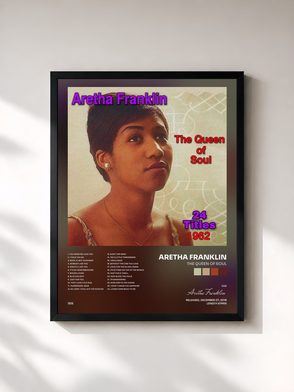 #noir Tableau de l'album The Queen of Soul de Aretha Franklin, cadre noir, imprimé et encadré en France