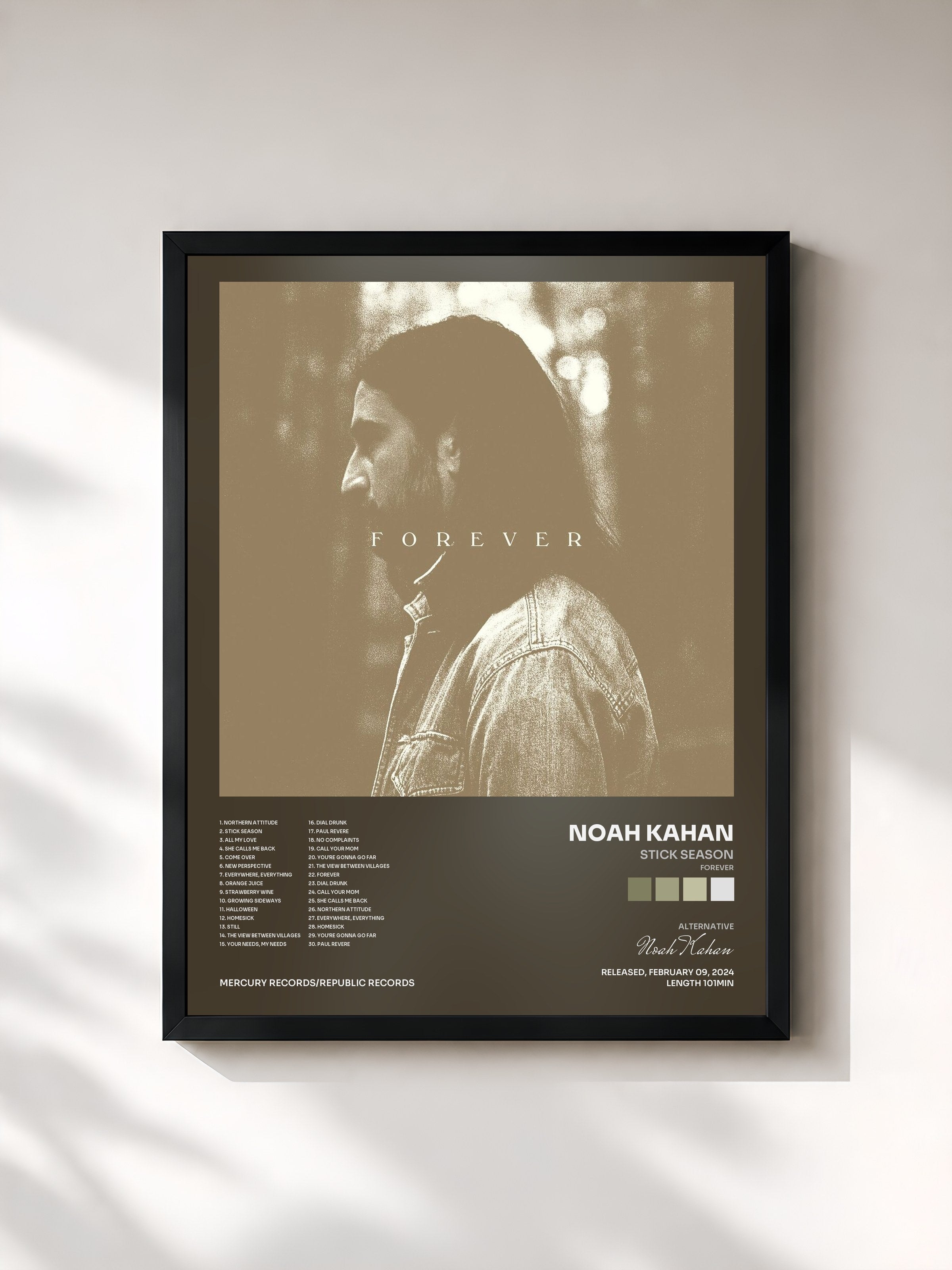 #noir Tableau de l'album Stick Season (Forever) de Noah Kahan, cadre noir, imprimé et encadré en France