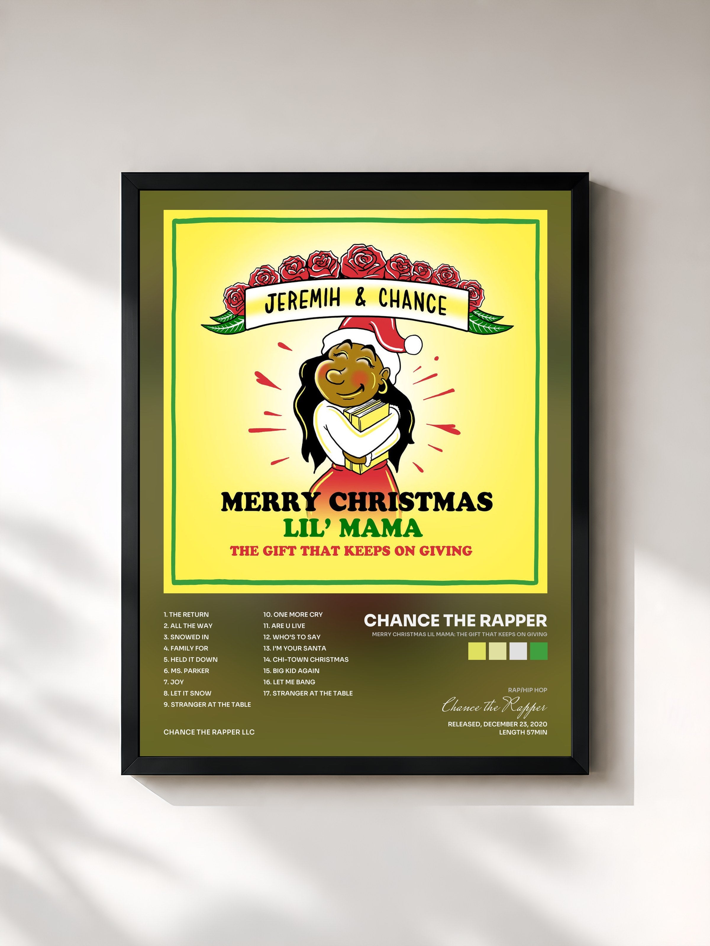 #noir Tableau de l'album Merry Christmas Lil Mama: The Gift That Keeps On Giving de Chance the Rapper, cadre noir, imprimé et encadré en France
