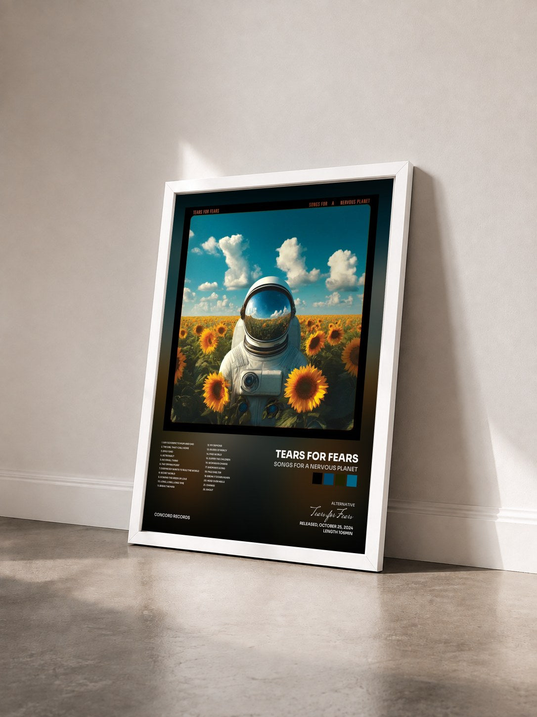 #blanc Songs For A Nervous Planet by Tears for Fears as a framed art print seen at an angle, white frame