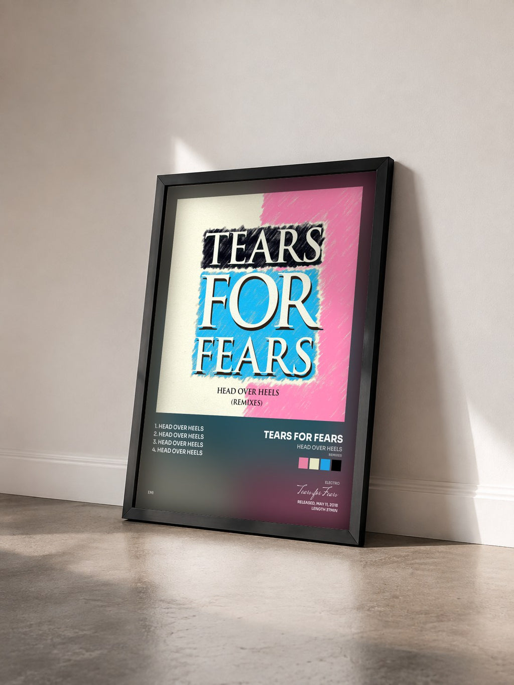 #noir Head Over Heels (Remixes) by Tears for Fears as a framed art print seen at an angle, black frame