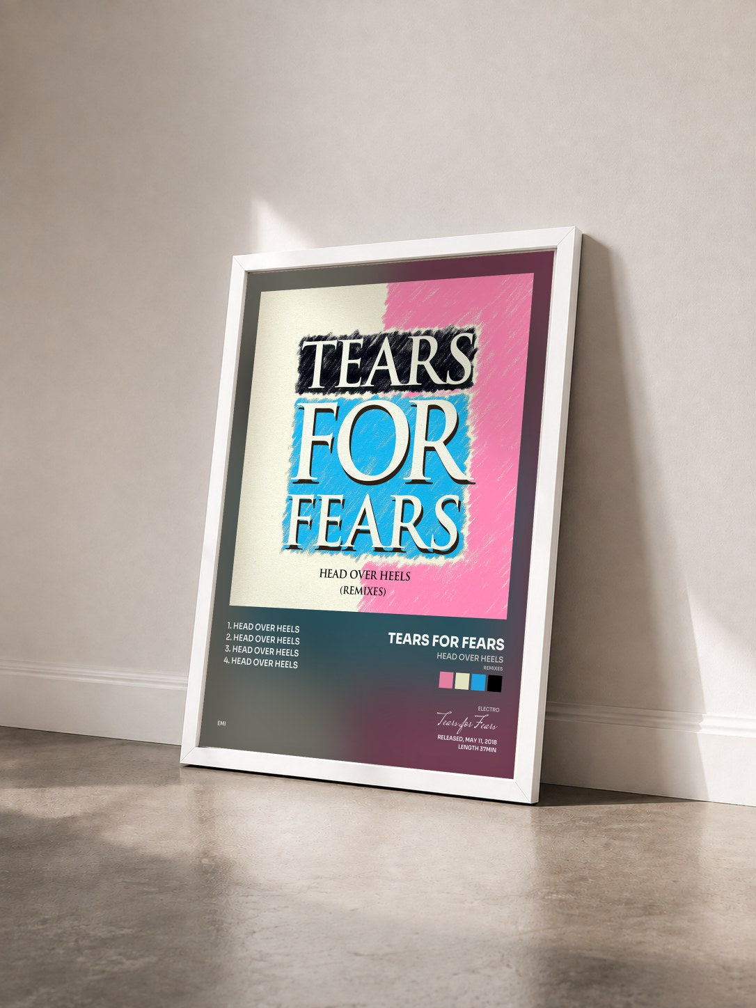 #blanc Head Over Heels (Remixes) by Tears for Fears as a framed art print seen at an angle, white frame