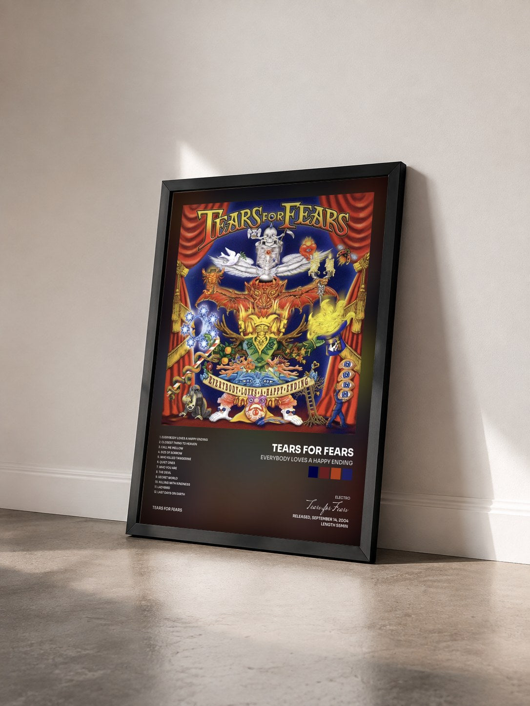 #noir Everybody Loves a Happy Ending by Tears for Fears as a framed art print seen at an angle, black frame