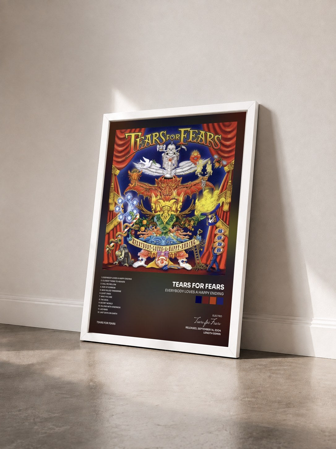 #blanc Everybody Loves a Happy Ending by Tears for Fears as a framed art print seen at an angle, white frame