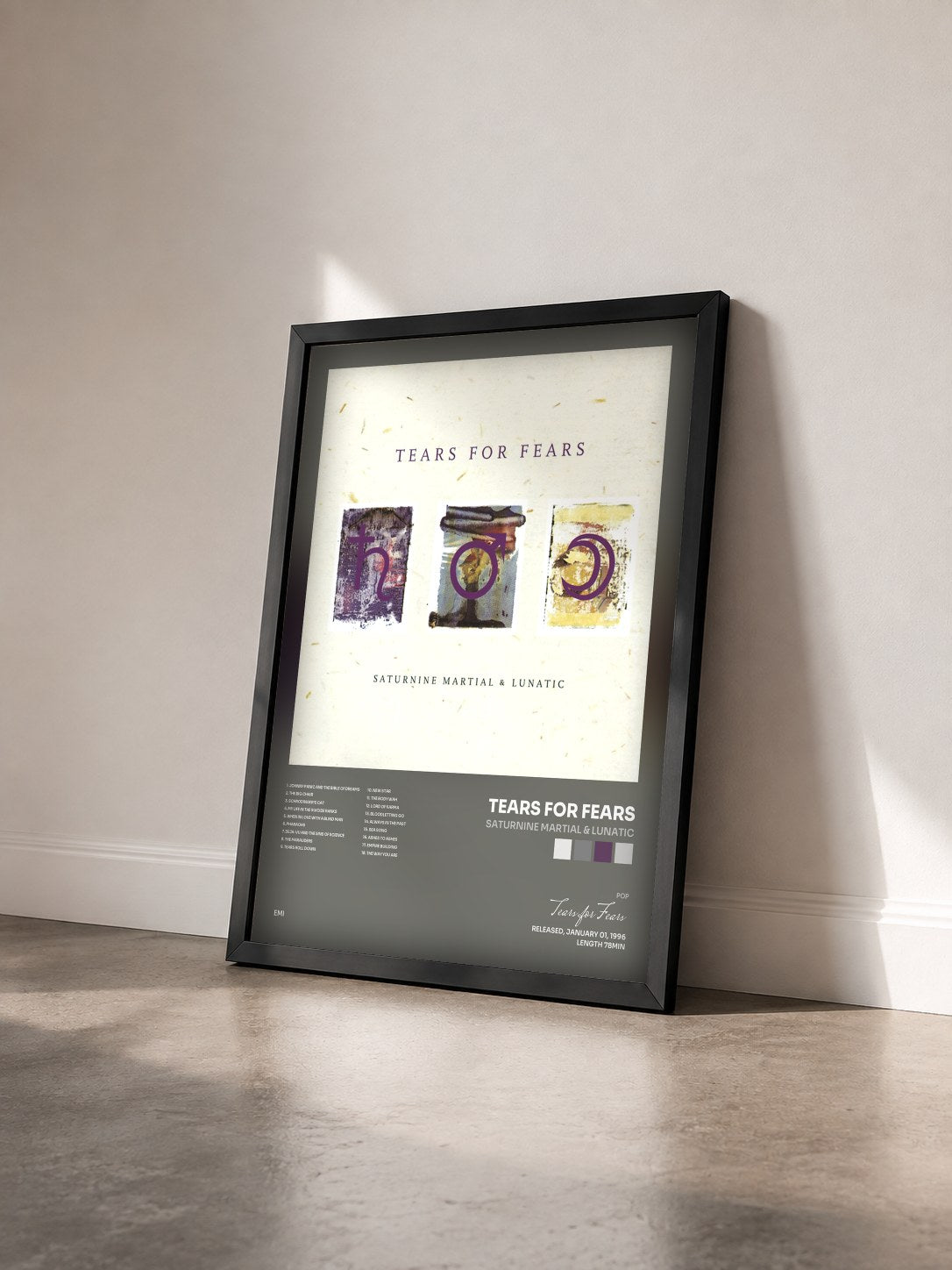 #noir Saturnine Martial & Lunatic by Tears for Fears as a framed art print seen at an angle, black frame