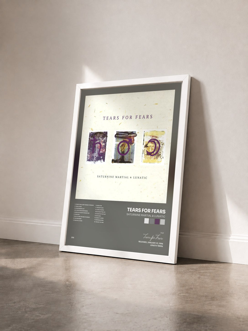 #blanc Saturnine Martial & Lunatic by Tears for Fears as a framed art print seen at an angle, white frame
