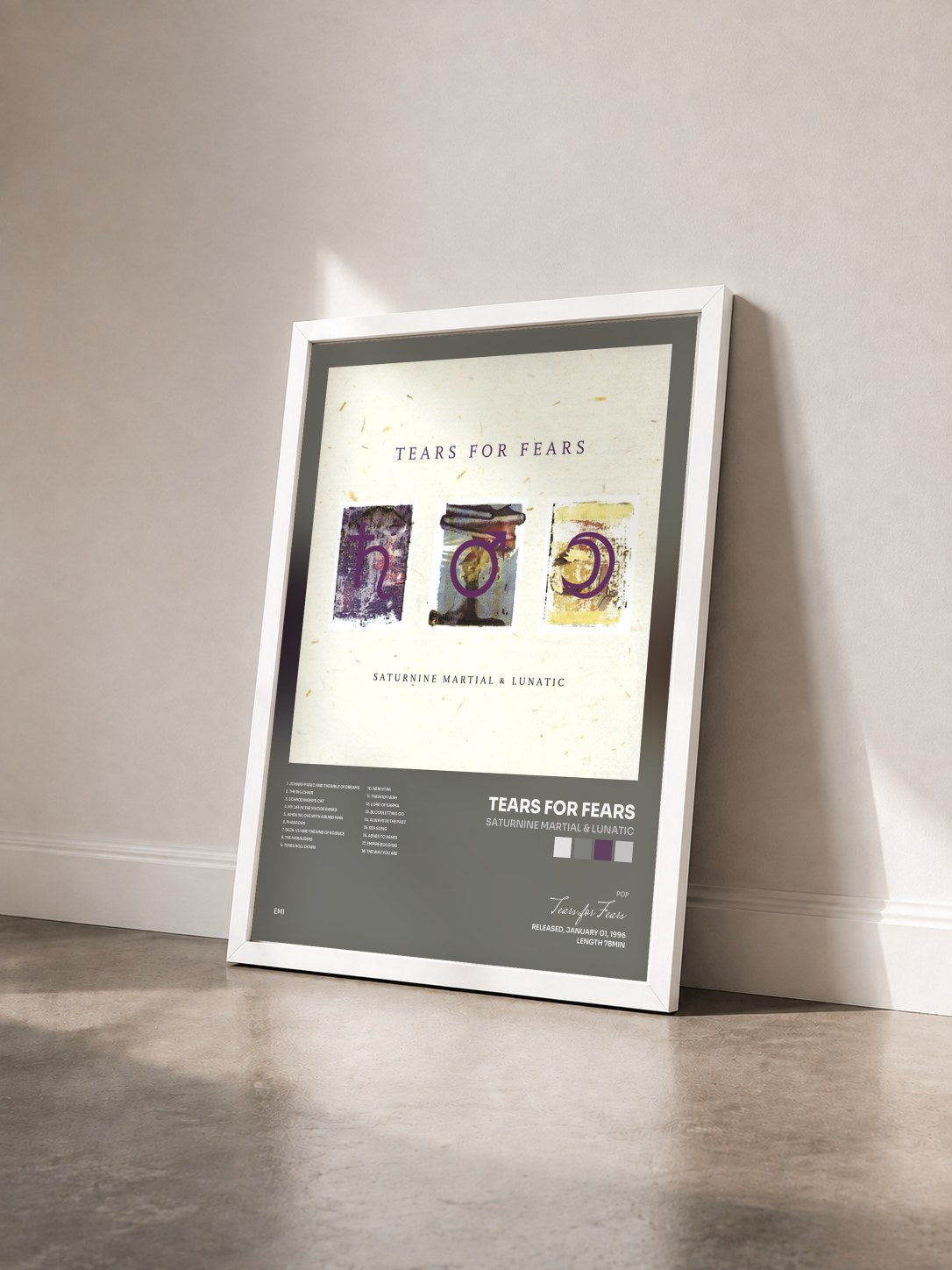 #blanc Saturnine Martial & Lunatic by Tears for Fears as a framed art print seen at an angle, white frame