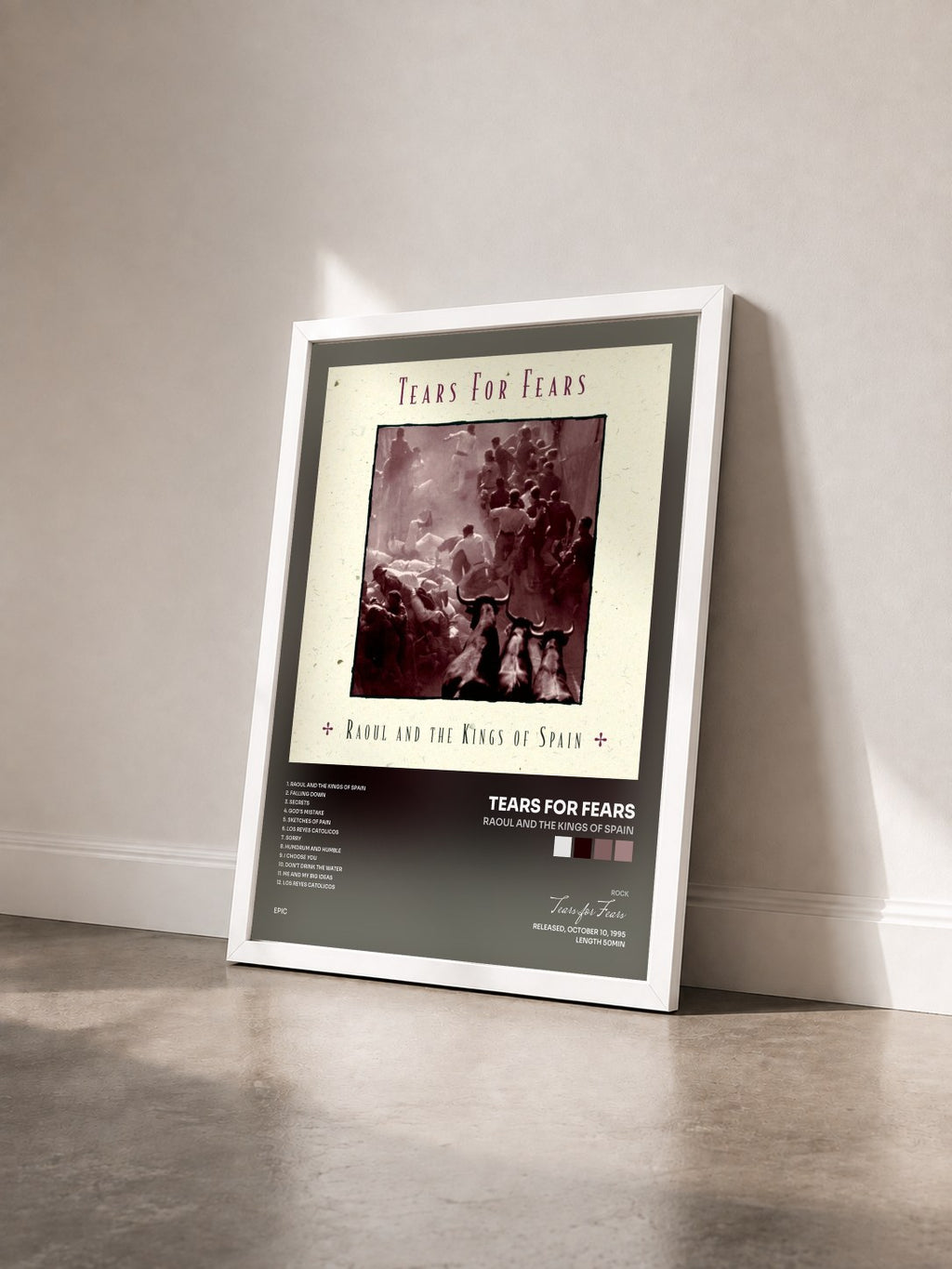 #blanc Raoul and The Kings of Spain di Tears for Fears in stampa incorniciata vista di tre quarti, cornice bianca