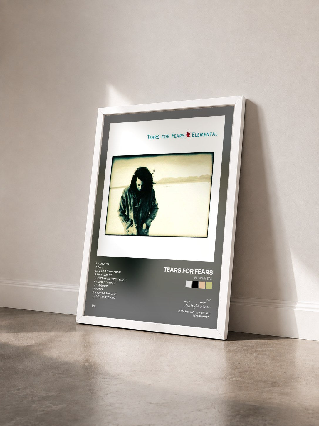 #blanc Elemental by Tears for Fears as a framed art print seen at an angle, white frame