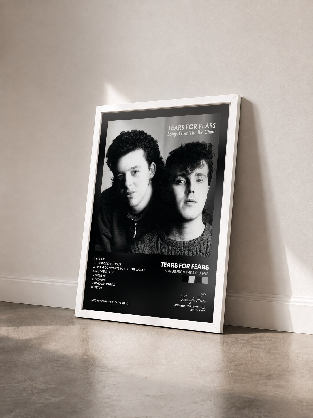 #blanc Songs From The Big Chair by Tears for Fears as a framed art print seen at an angle, white frame