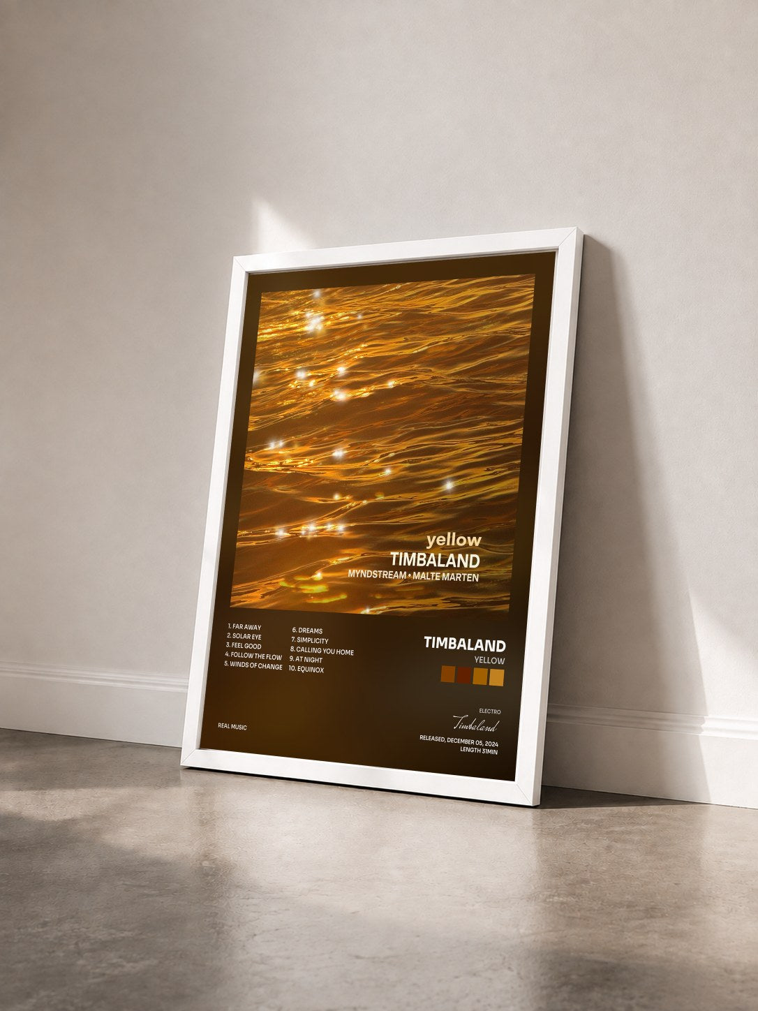 #blanc Yellow by Timbaland as a framed art print seen at an angle, white frame
