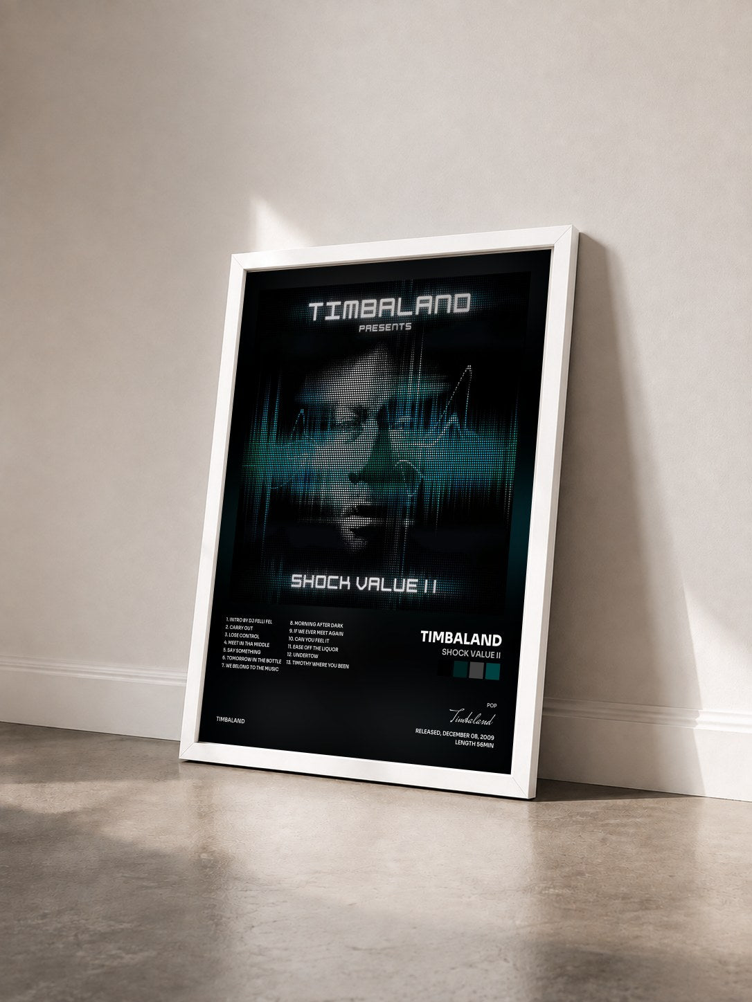 #blanc Tableau de l'album Shock Value II de Timbaland vu de trois quarts, cadre blanc