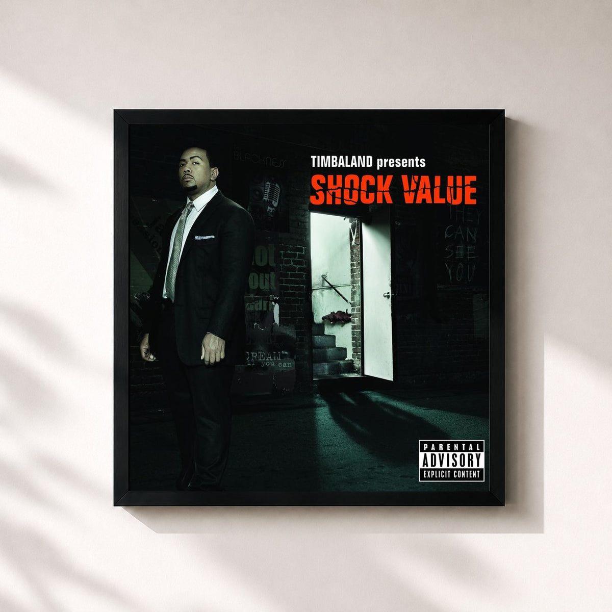 #noir Tableau carré de l'album Shock Value de Timbaland, cadre noir 32x32 cm