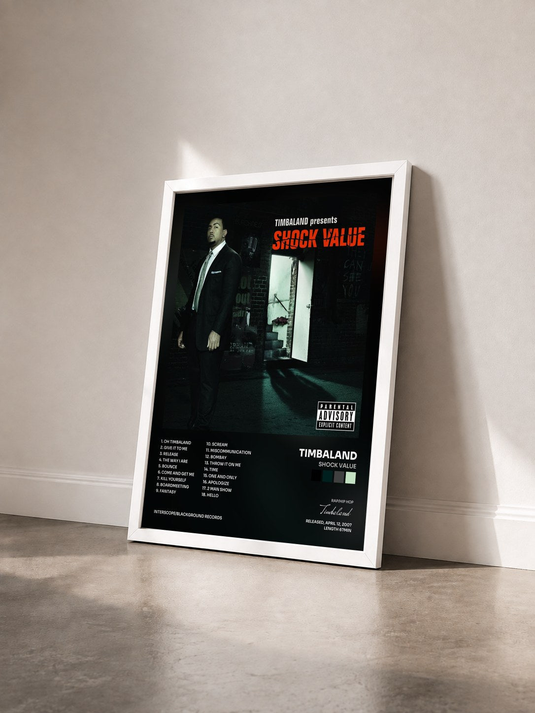 #blanc Tableau de l'album Shock Value de Timbaland vu de trois quarts, cadre blanc
