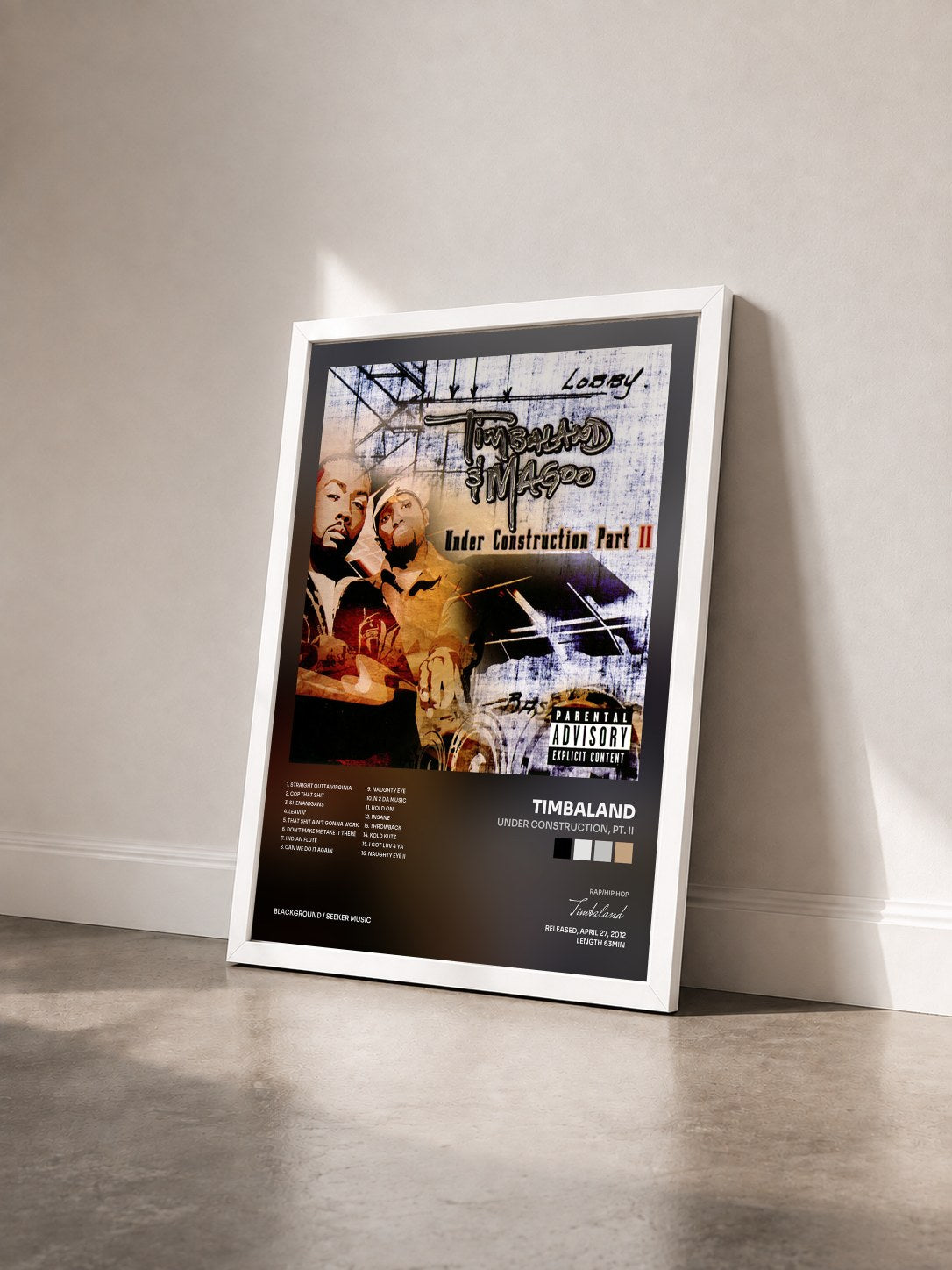 #blanc Tableau de l'album Under Construction, Pt. II de Timbaland vu de trois quarts, cadre blanc