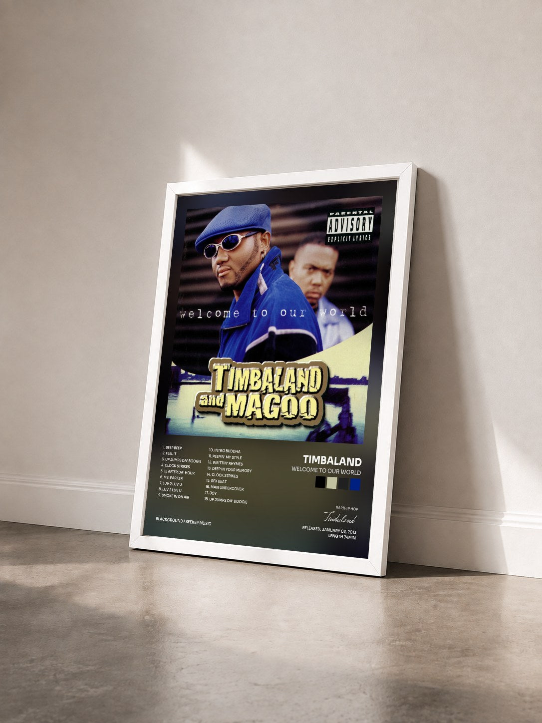 #blanc Tableau de l'album Welcome To Our World de Timbaland vu de trois quarts, cadre blanc