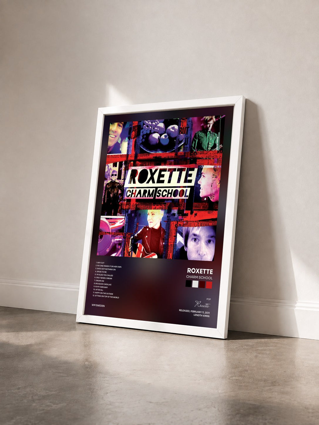 #blanc Tableau de l'album Charm School de Roxette vu de trois quarts, cadre blanc