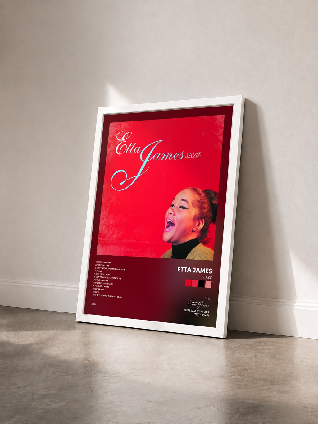 #blanc Tableau de l'album Jazz de Etta James vu de trois quarts, cadre blanc