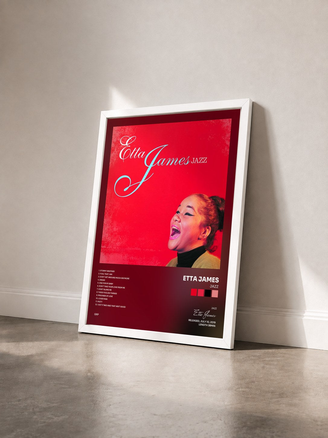 #blanc Tableau de l'album Jazz de Etta James vu de trois quarts, cadre blanc