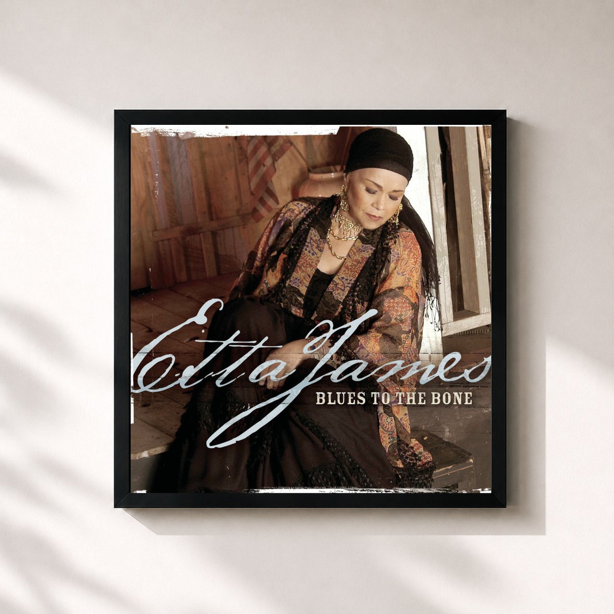 #noir Tableau carré de l'album Blues To The Bone de Etta James, cadre noir 32x32 cm