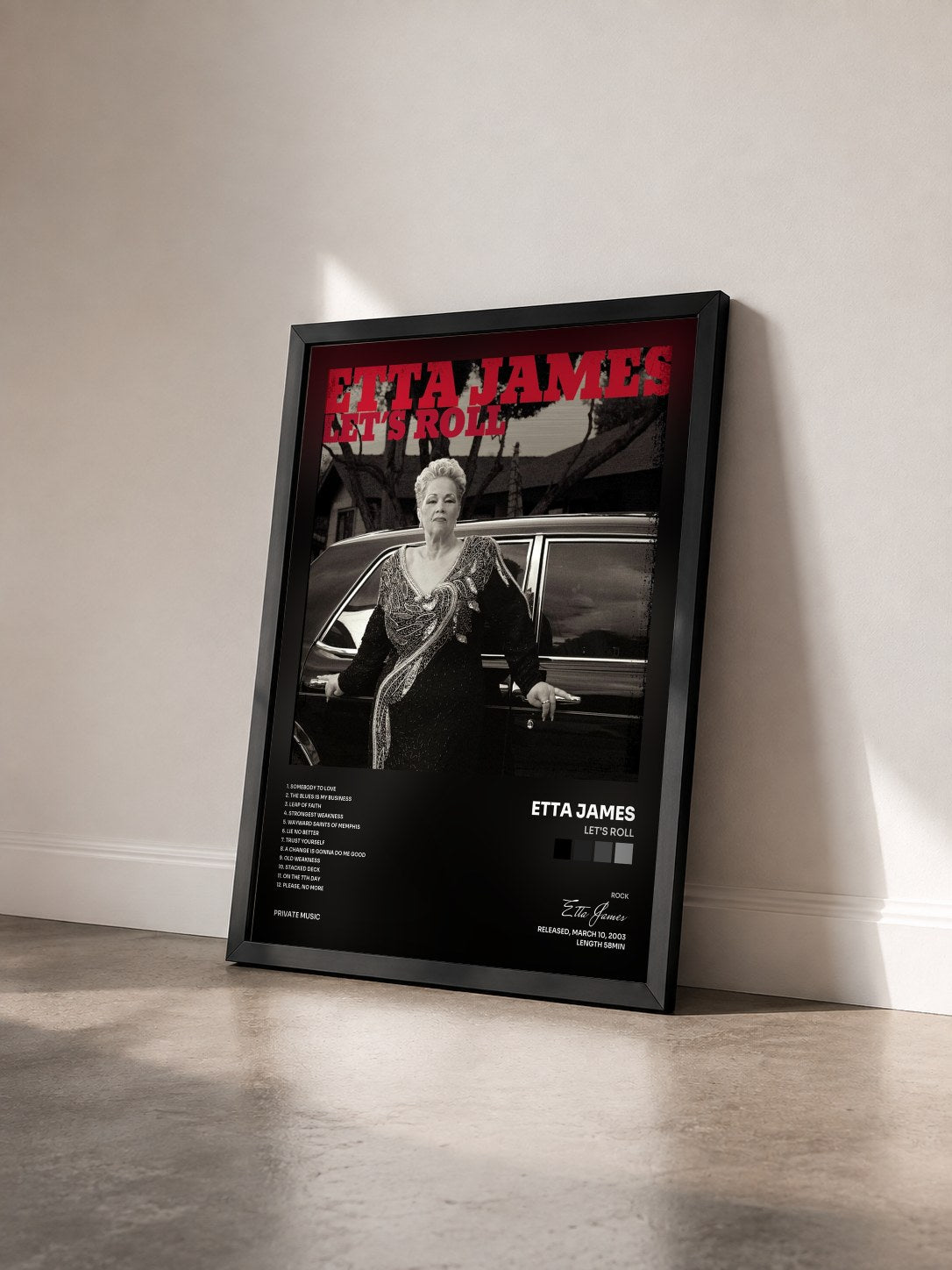 #noir Tableau de l'album Let's Roll de Etta James vu de trois quarts, cadre noir