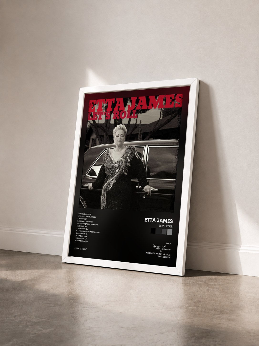 #blanc Tableau de l'album Let's Roll de Etta James vu de trois quarts, cadre blanc