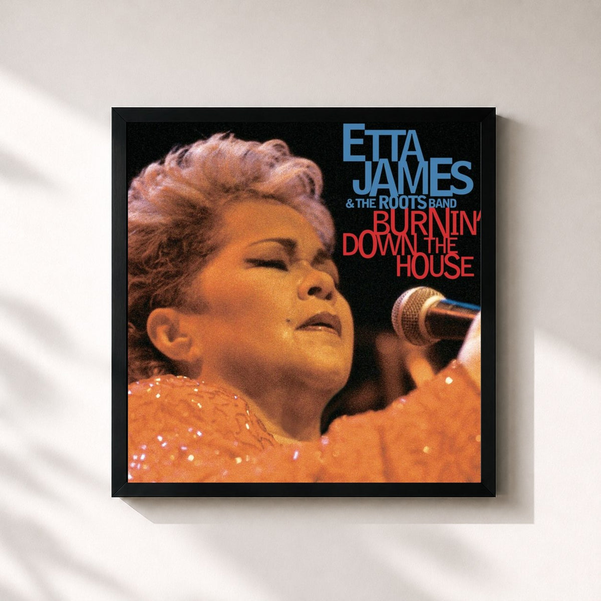 #noir Tableau carré de l'album Burnin' Down The House de Etta James, cadre noir 32x32 cm