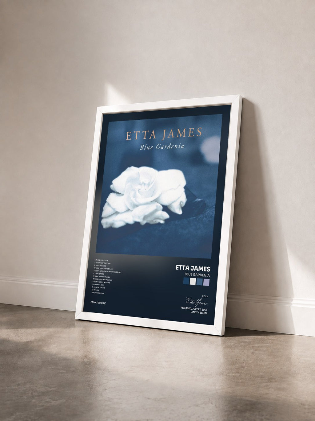 #blanc Tableau de l'album Blue Gardenia de Etta James vu de trois quarts, cadre blanc