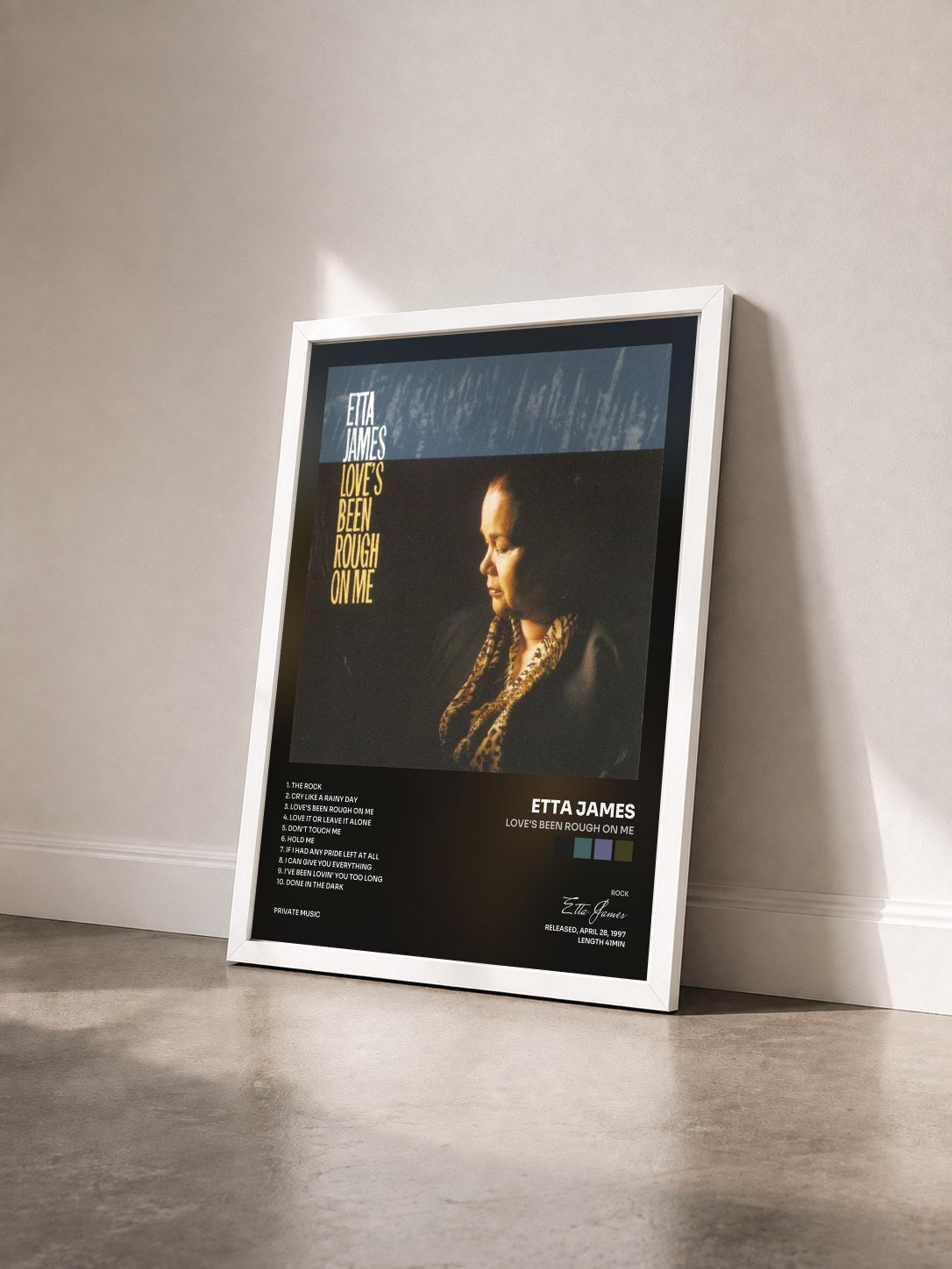 #blanc Tableau de l'album Love's Been Rough On Me de Etta James vu de trois quarts, cadre blanc