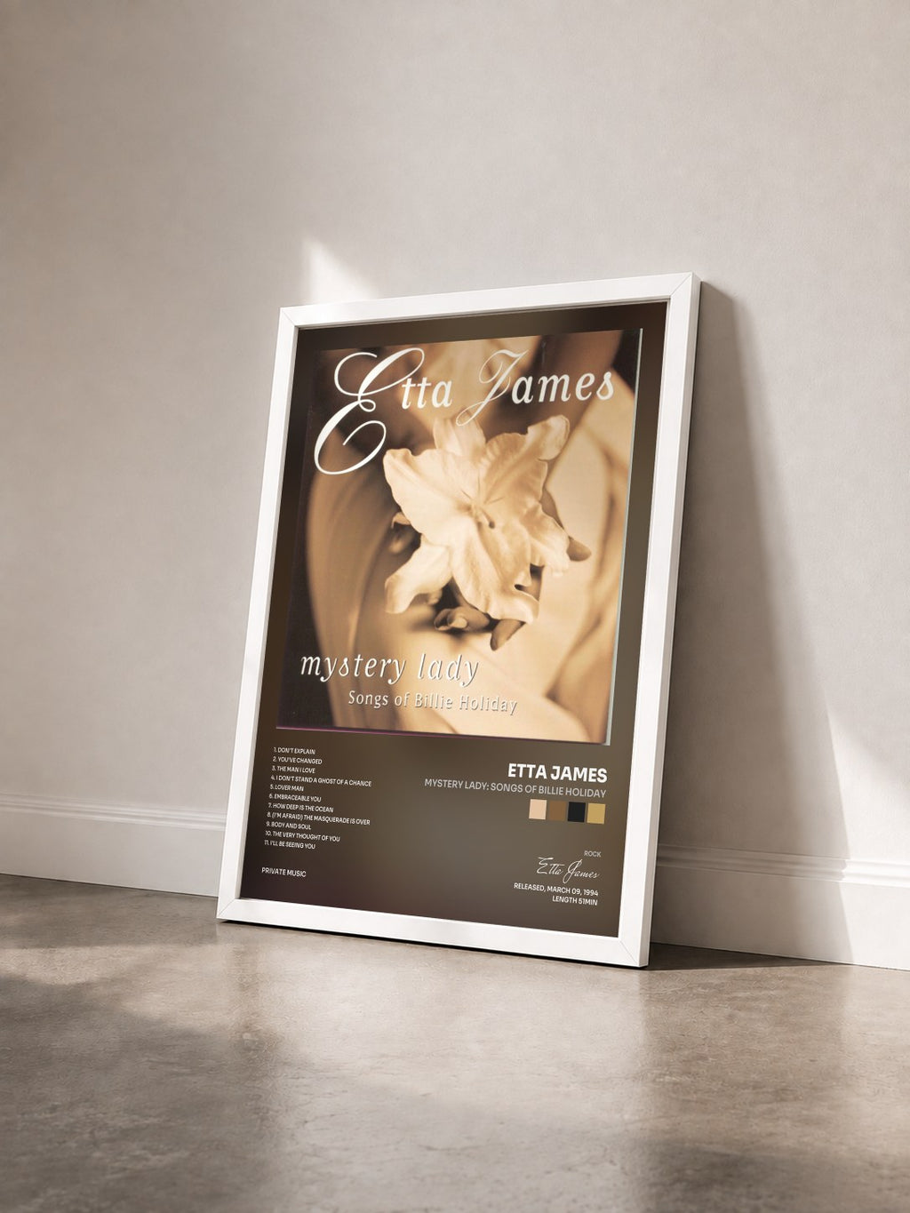 #blanc Mystery Lady: Songs of Billie Holiday by Etta James as a framed art print seen at an angle, white frame