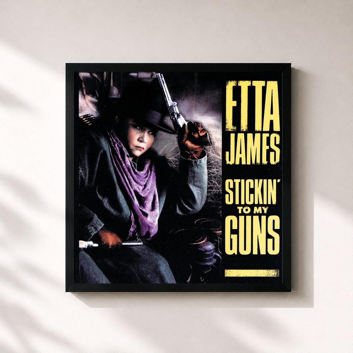 #noir Tableau carré de l'album Stickin' To My Guns de Etta James, cadre noir 32x32 cm