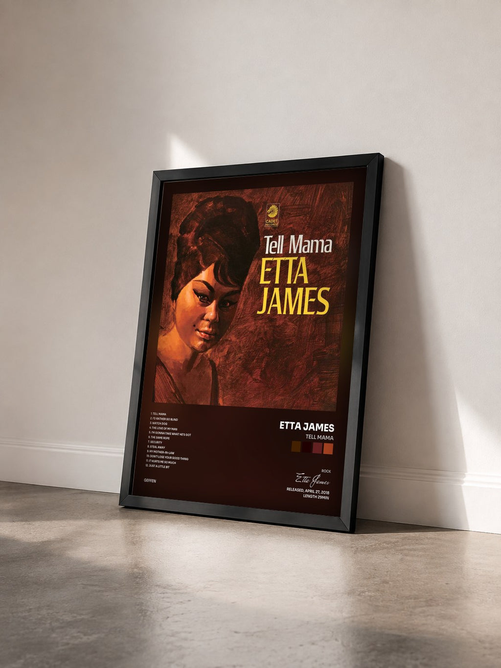 #noir Tell Mama di Etta James in stampa incorniciata vista di tre quarti, cornice nera