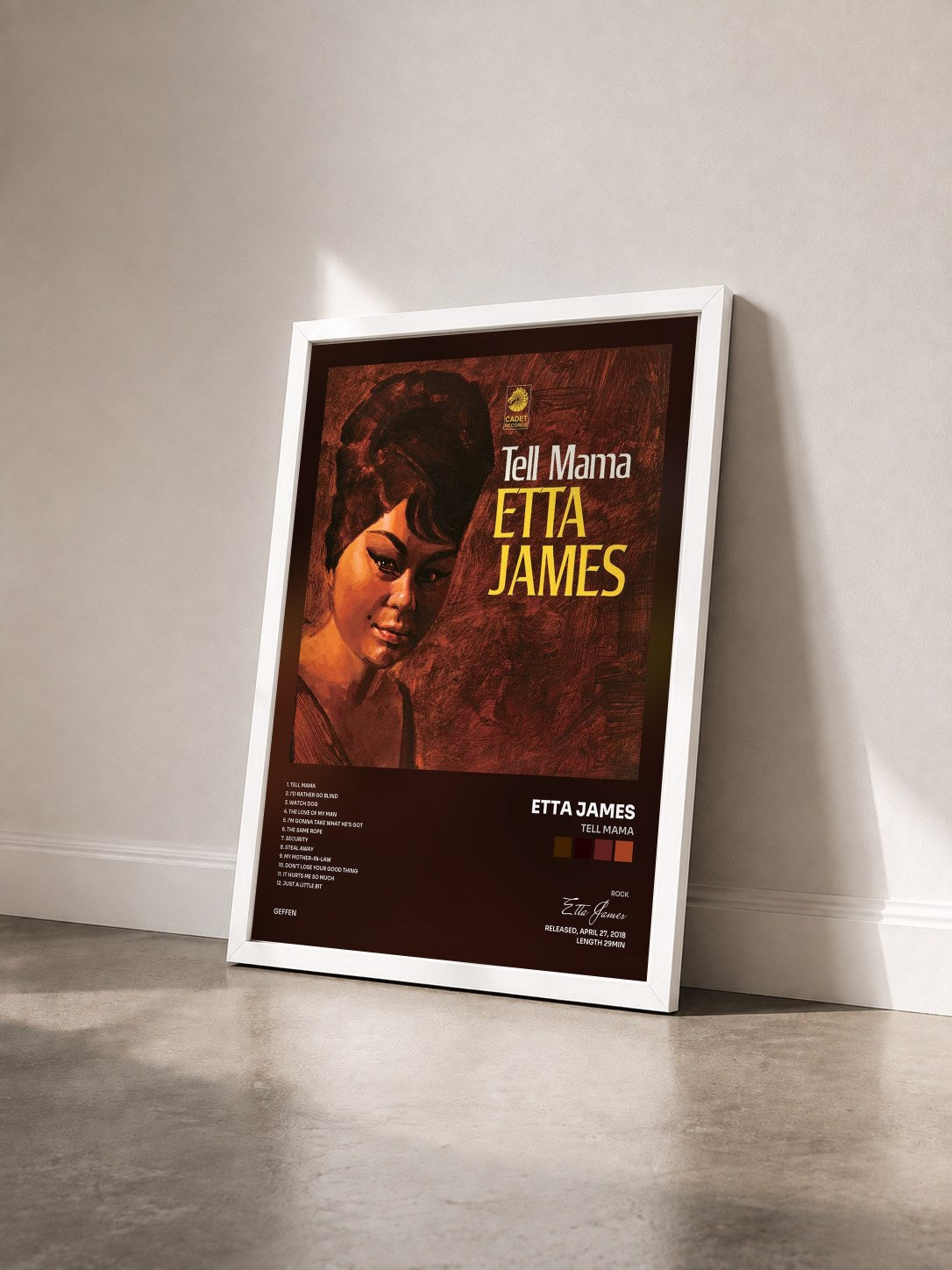 #blanc Tableau de l'album Tell Mama de Etta James vu de trois quarts, cadre blanc