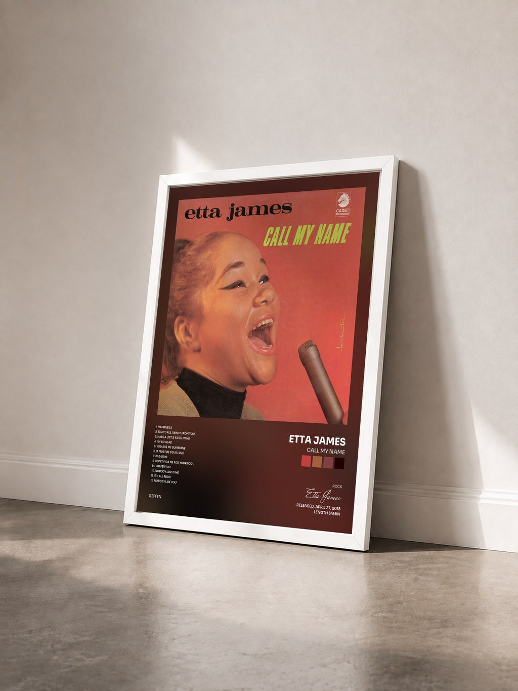 #blanc Tableau de l'album Call My Name de Etta James vu de trois quarts, cadre blanc