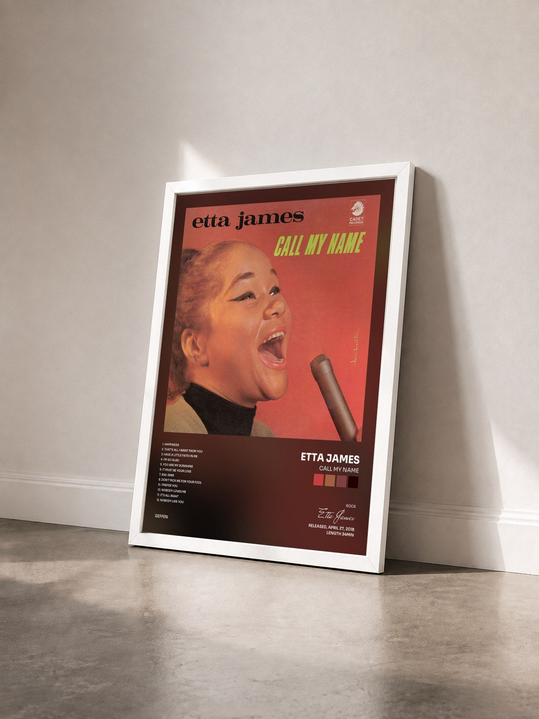 #blanc Tableau de l'album Call My Name de Etta James vu de trois quarts, cadre blanc