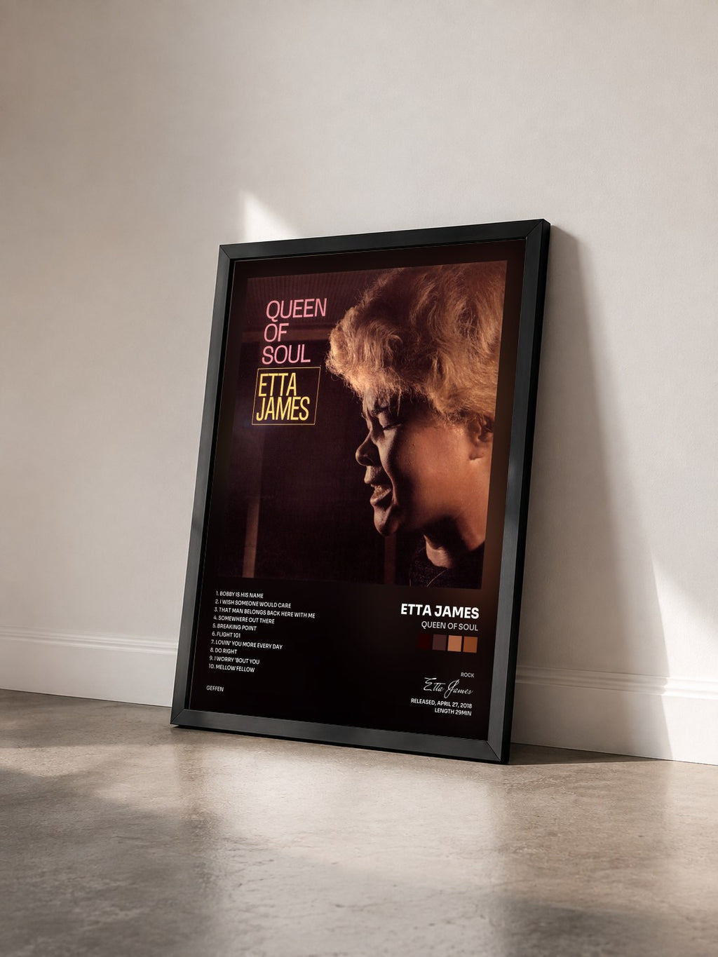 #noir Queen Of Soul by Etta James as a framed art print seen at an angle, black frame