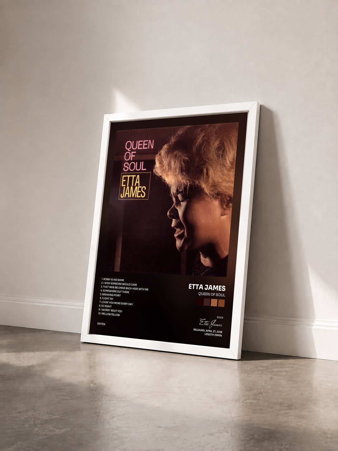 #blanc Tableau de l'album Queen Of Soul de Etta James vu de trois quarts, cadre blanc