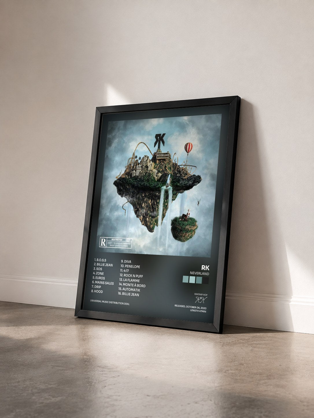 #noir Tableau de l'album Neverland de RK vu de trois quarts, cadre noir