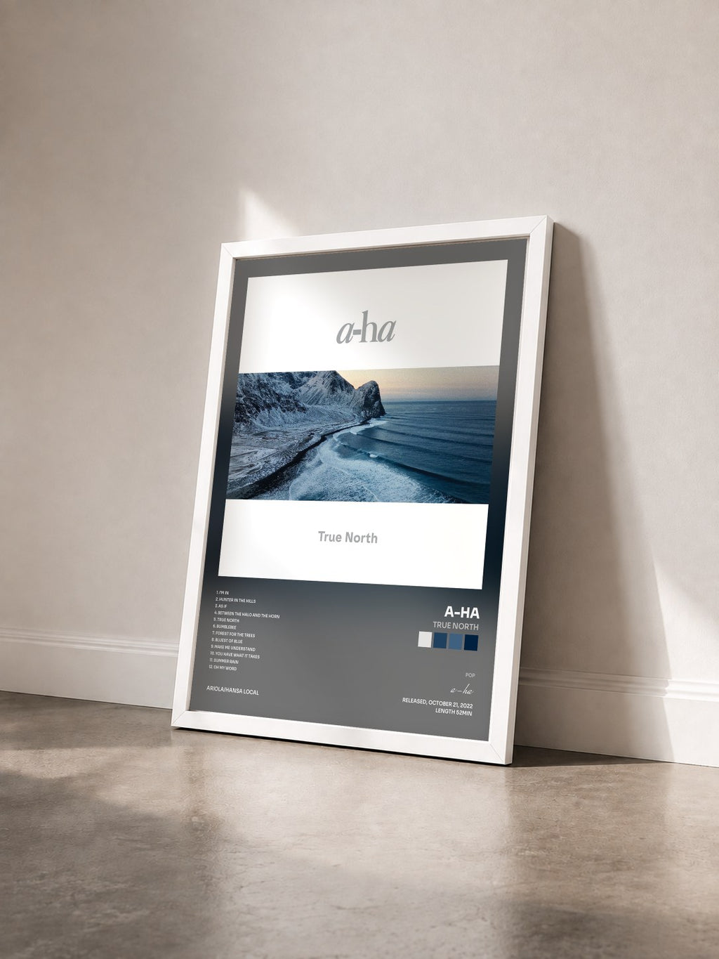 #blanc Tableau de l'album True North de a-ha vu de trois quarts, cadre blanc