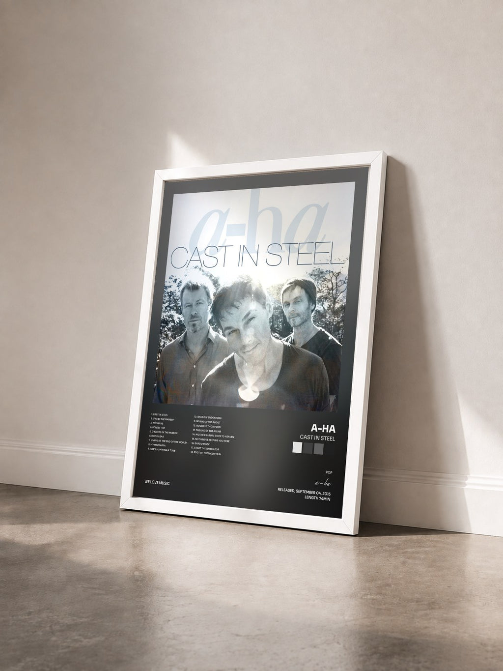 #blanc Cast In Steel by a-ha as a framed art print seen at an angle, white frame