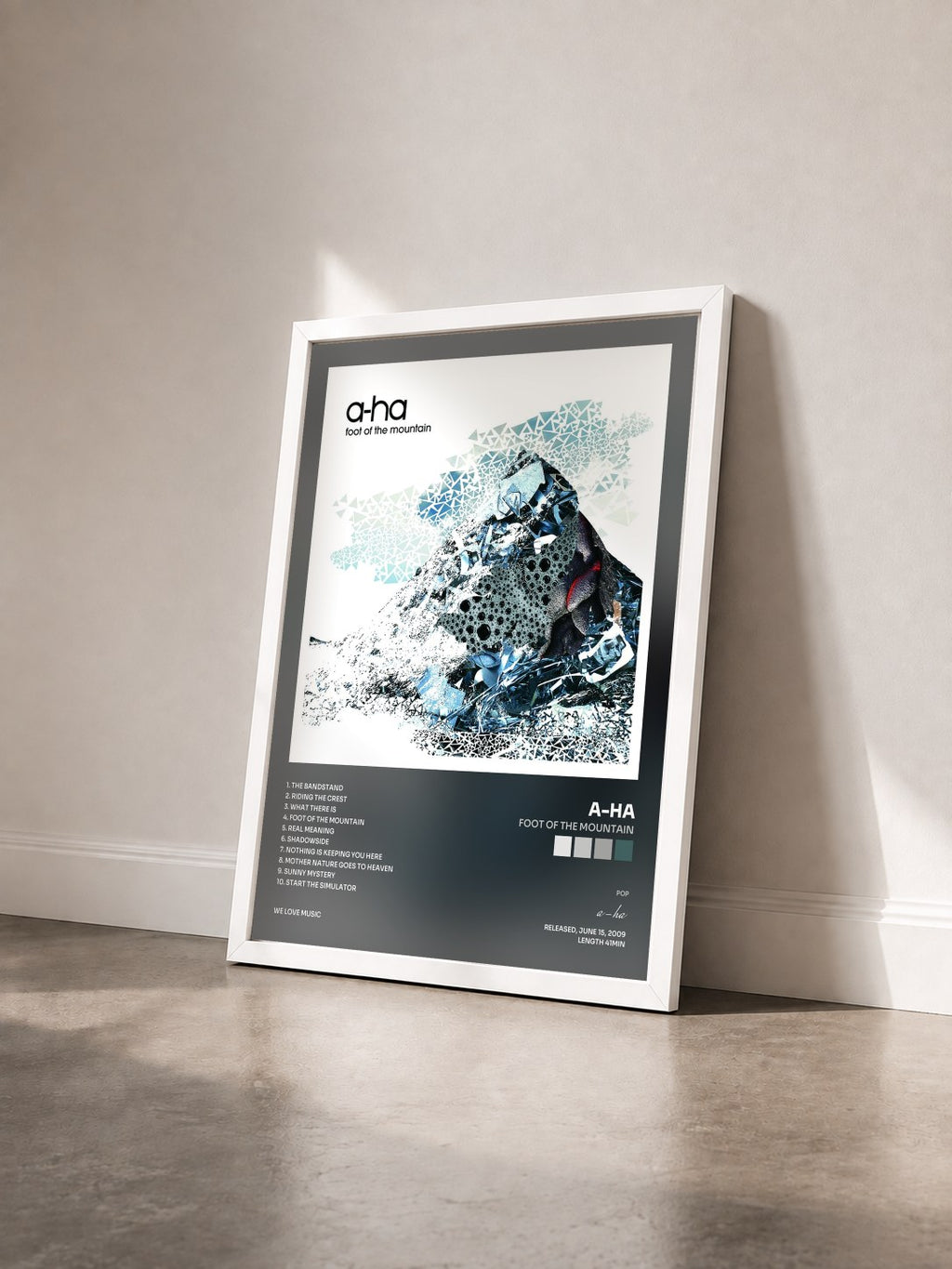 #blanc Tableau de l'album Foot Of The Mountain de a-ha vu de trois quarts, cadre blanc